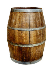 Obraz premium Close up of old wooden oak barrel for making wine, whiskey or rum.