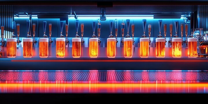 Draught Beer Systems glowing in a futuristic taproom showcasing nitro beer dispensers and innovative pouring techniques