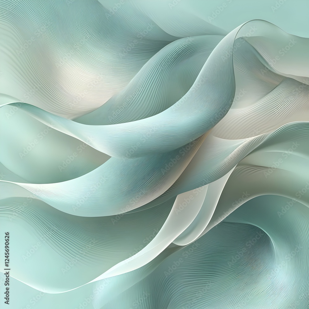 Poster an ethereal abstract design featuring flowing, translucent waves in soft shades of mint green and cr