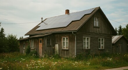 Obraz premium Rustic wooden house with solar panels surrounded by wildflowers on a cloudy day