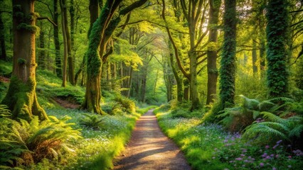 Obraz premium Sunlit Path Through a Verdant Forest, Lush Greenery and Blooming Wildflowers Along a Tranquil Woodland Trail