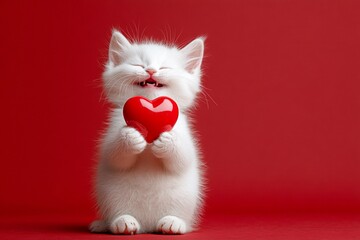 Turkish angora - my beloved cat. Cute turkish angora young cat with domestic animal toy red heart - sign of love, funny greeting card. Commercial conceptual art. February 14 heart animal.