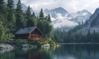 Fototapeta premium Luxury Cabin by a Pristine Lake Surrounded by Nature for a Serene Retreat