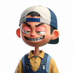 a cartoon character with an expression that suggests trouble and a mischievous grin.  He wears a blue baseball cap and blue overalls.