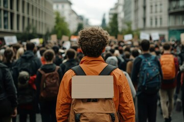 Fototapeta premium Person at a Protest with a Blank Sign on Their Backpack