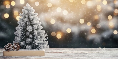 Frosted Christmas tree in front of a blurred bokeh background with warm golden lights and soft snowflakes, captured from the left side, wood texture base