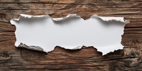 Close up of a torn white paper fragment on textured dark wooden surface ideal for adding messages or creative designs with rustic accents.