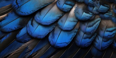 Vibrant blue and black jay feathers arranged in intricate layers showcasing their glossy texture and unique patterns against a dark backdrop.