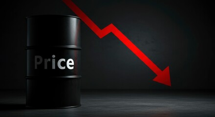 Black oil barrel with 'Price' label in dark setting, red downward arrow symbolizing decline