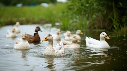 Obraz premium A Flock of Ducks Swimming in a Pond