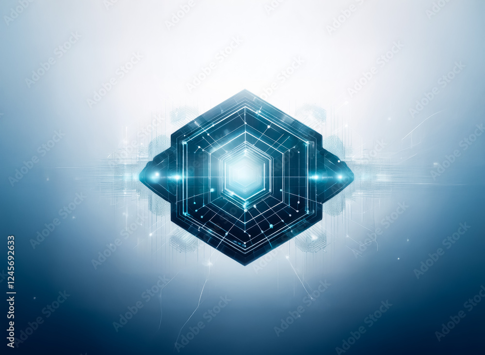 Poster shiny hexagon shape with tech circuit design, glowing brightly on a blue and white abstract backgrou