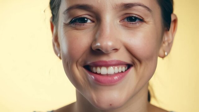 Static close-up video, soft diffused light, woman with freckles, cheerful demeanor fading, tears well up against a pale yellow background, smile falters, replaced by quivering lip
