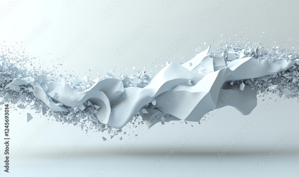 Poster abstract 3d rendering of polygonal shapes forming a fragmented wave., generative ai