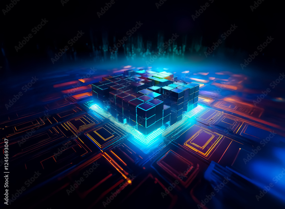 Poster abstract glowing cube with blue and orange lights sits on a dark circuit board like surface. digital