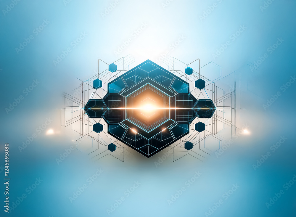 Poster abstract geometric form in cool blue hues with a radiant central glow, evokes futuristic tech and di