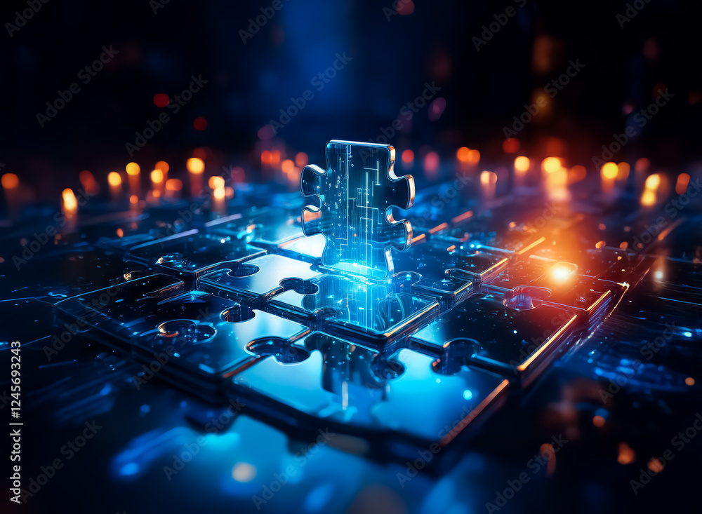 Poster illuminated puzzle pieces interlock, creating a glowing, futuristic network. abstract digital concep