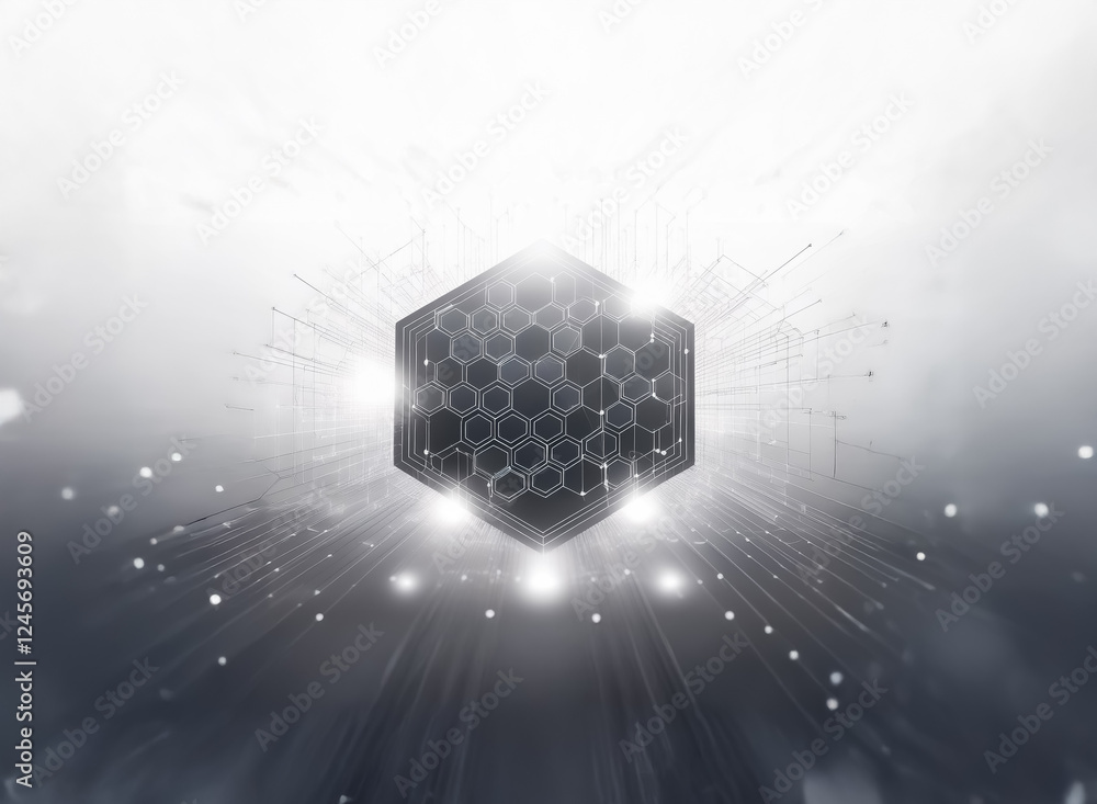 Poster radiant cube with hexagonal pattern surrounded by light rays and dots, creating a futuristic and abs