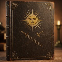 An old leather book with a picture of the sun and crossed swords