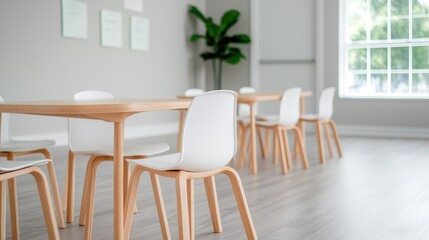 Modern bright classroom, tables, chairs, window, plants