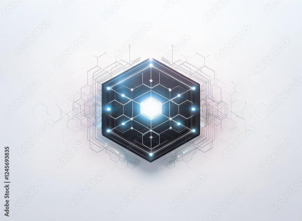 Poster a glowing cube with a futuristic design sits centrally against a clean white backdrop, radiating lig