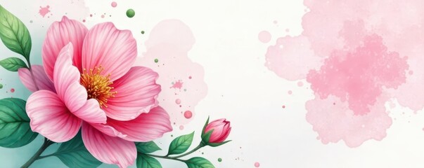 Fototapeta premium Abstract pink & green watercolor floral splatter, soft blooms , spring, print