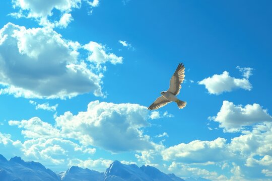 A graceful bird flying high under a bright blue sky with fluffy white clouds and snow-capped mountains in the background