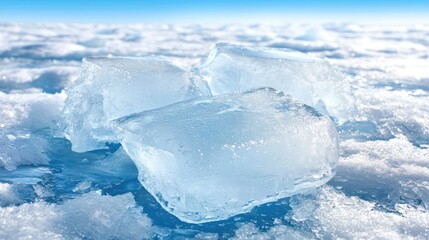 Clear ice chunks on frozen lake surface.