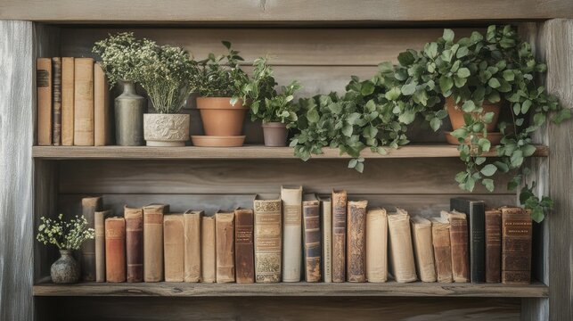 Vintage Books and Green Plants on Wooden Shelf Decor Interior