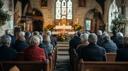 Attendees sit quietly in a beautiful old church, surrounded by vibrant flowers, as they gather for a significant ceremony. Candles flicker softly in the serene atmosphere