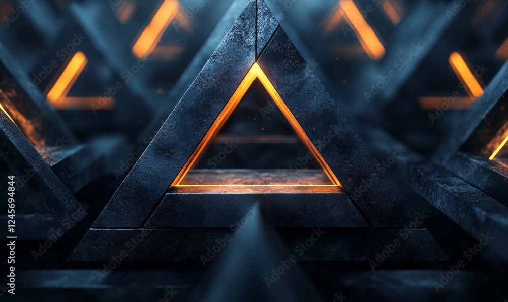 Poster abstract 3d composition of stacked triangular prisms in a dark void., generative ai