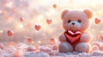 Fototapeta premium Cute Teddy Bear Holding a Heart on Valentine’s Day With Pink Hearts. Generative AI
