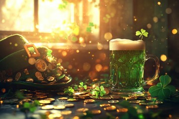 A festive St. Patricks Day scene with green beer, golden coins, a leprechaun hat, and shamrock garlands, bathed in warm light and cheerful green hues.