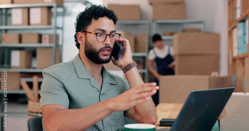 Poster laptop, phone call and supply chain with man in office for communication, tracking or update. coffee