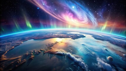 Obraz premium A Celestial Tapestry Woven Across a Planet's Horizon, Where Aurora Borealis Dances with Cosmic Nebulae and a Tranquil Ocean Reflects the Stellar Show