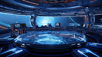 Futuristic Spaceship Bridge with Advanced Technology and Starry Galaxy View