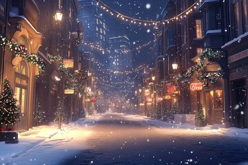 Fototapeta premium Magical Christmas Street Scene: Falling Snow, Festive Decorations, Charming Winter Wonderland Atmosphere. Perfect for Holiday Cards, Websites, and Festive Designs. A picturesque street beautifully 