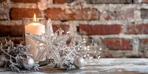 Festive scene with a lit candle and a crystal star on a rustic wooden table against a textured red brick wall adorned with frosted greenery and silver ornaments.