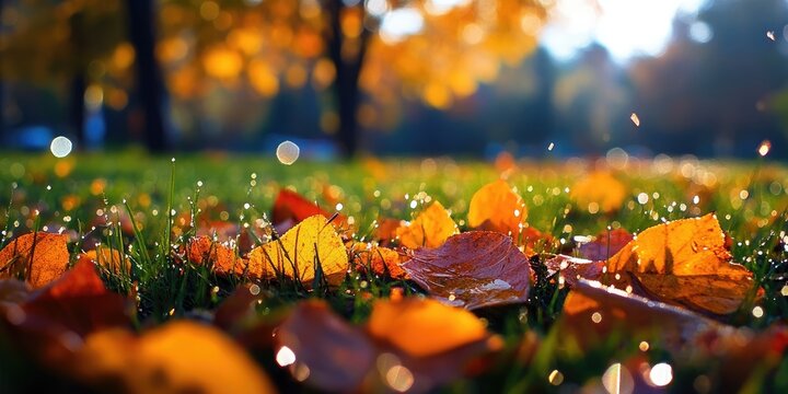 Vibrant autumn leaves in shades of orange and yellow scattered on dewy grass with soft bokeh background creating a serene fall atmosphere