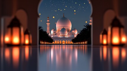 Naklejka premium Majestic mosque illuminated at night with glowing lanterns and starry sky, serene atmosphere (1)