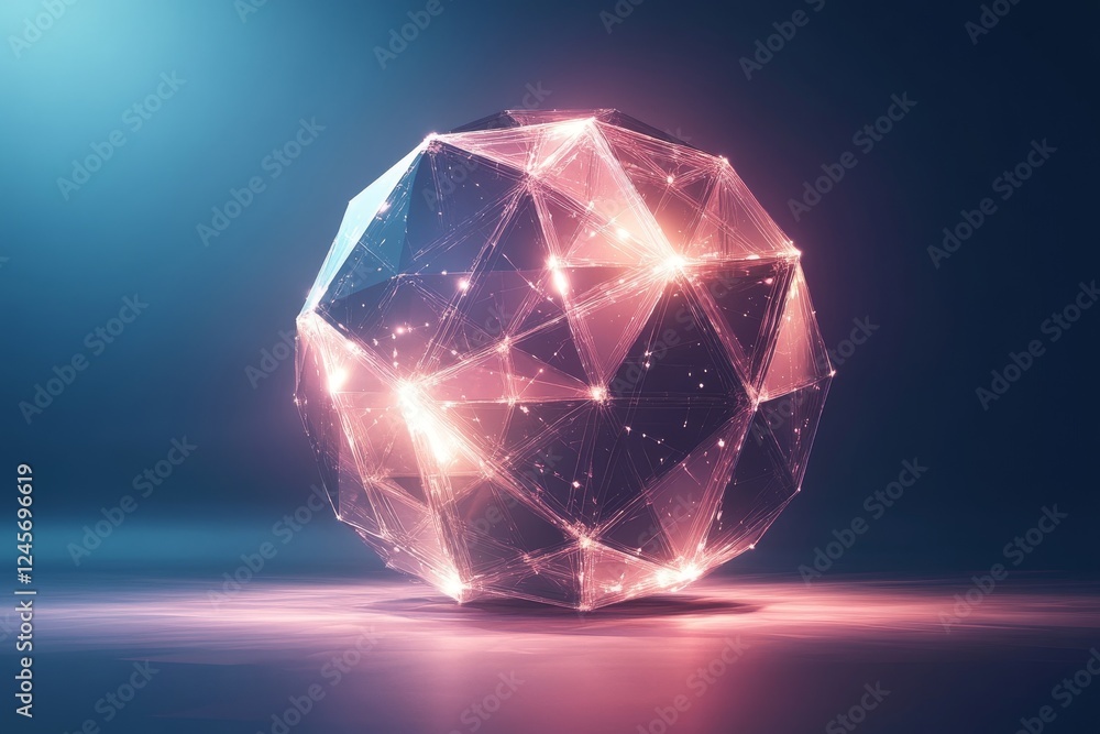 Poster abstract 3d render of polygonal sphere with glowing segments. modern design., generative ai