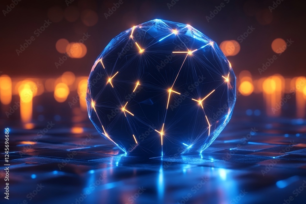 Poster abstract 3d render of polygonal sphere with glowing segments. modern design., generative ai