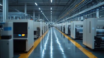 Fototapeta premium Modern factory interior with rows of industrial machinery.