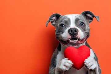 American bulldog - my beloved dog. Cute american bulldog hound with critter animal toy red heart - sign of love, funny greeting card. Digital ads graphic layout. Dog friendship photos.