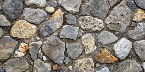 Fototapeta premium Close up textural details of an uneven stone pavement featuring gray, brown, and beige stones arranged in a natural uneven pattern.
