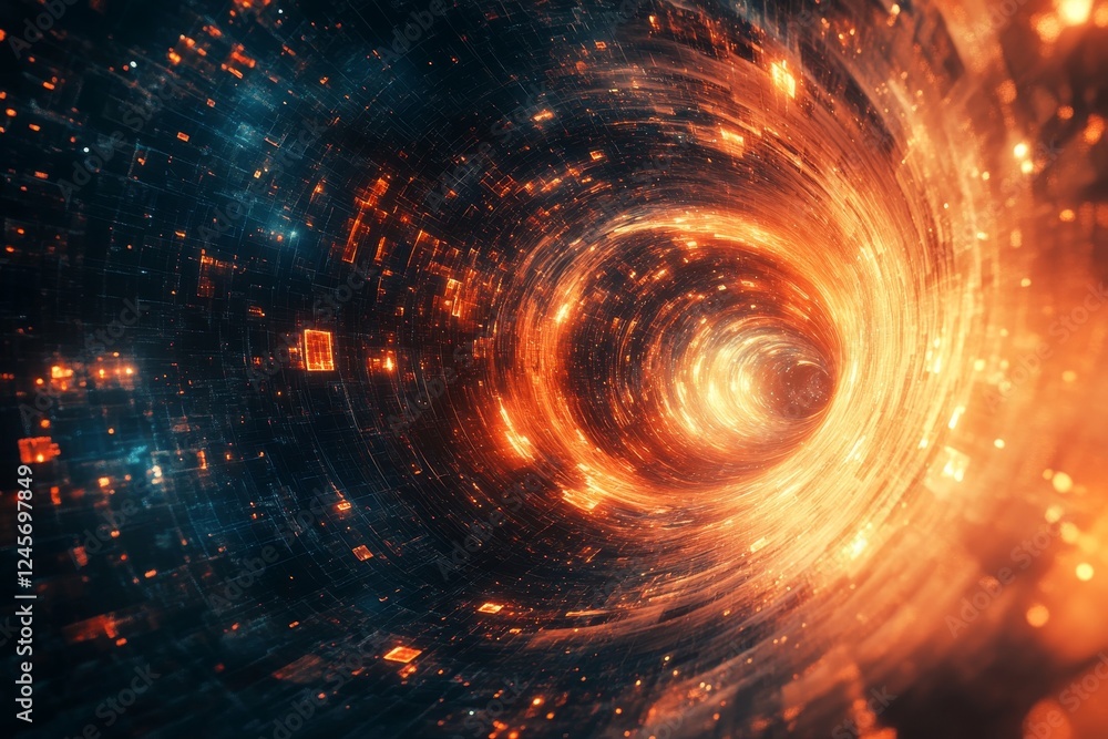 Poster abstract 3d rendering of a spiraling tunnel with glowing geometric lines., generative ai