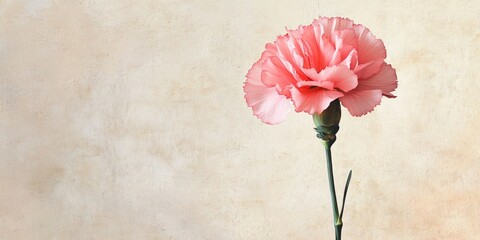 Single pink carnation flower positioned left on beige textured background with ample negative space for text insertion in advertising or design.