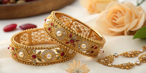 Naklejka premium Gold jewelry, ornate bangles, pearl inlays, intricate filigree, traditional Indian bridal accessories, peach rose, red petals, soft focus, luxury photography, warm lighting, wedding details, cultural 