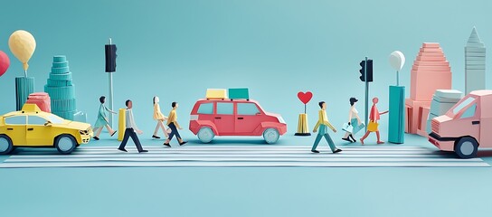 Papercraft Cityscape: Pedestrians Crossing a Street with Vehicles and Buildings