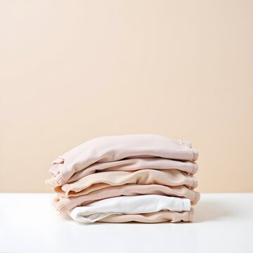 Minimalist stack of neutral toned sweatshirts on white surface against beige background