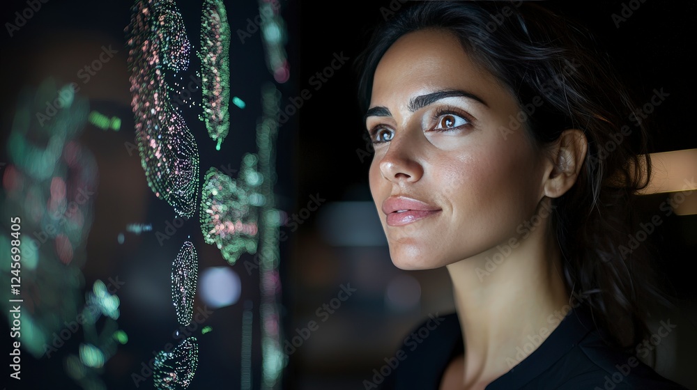Poster woman engaged in data visualization analysis with modern digital interface in dimly lit environment